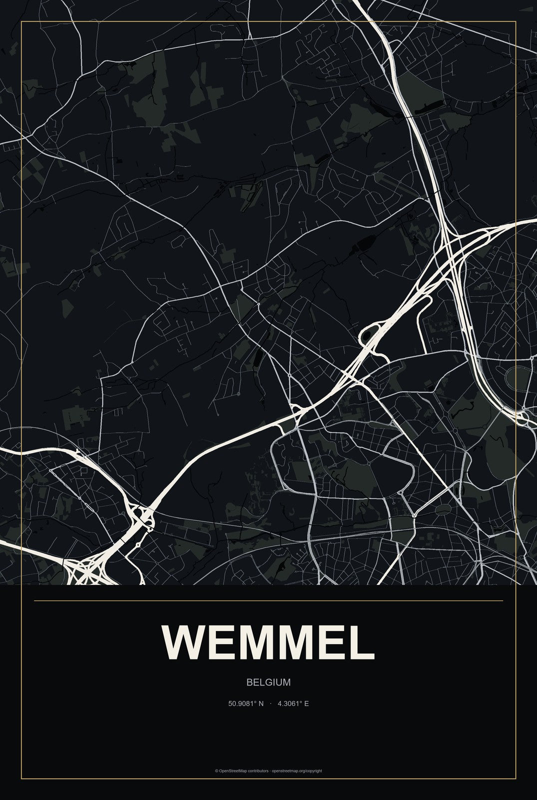 Wemmel, Belgium City Map Aluminum Sign in Metropolitan Noir style