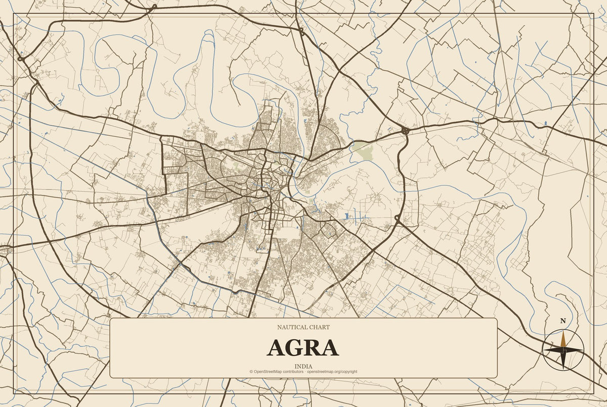 Agra, India City Map Aluminum Sign in Heritage Nautical style