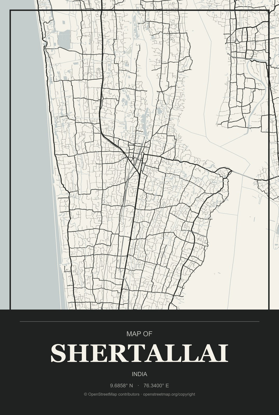Shertallai, India City Map Aluminum Sign in Museum Plaque style