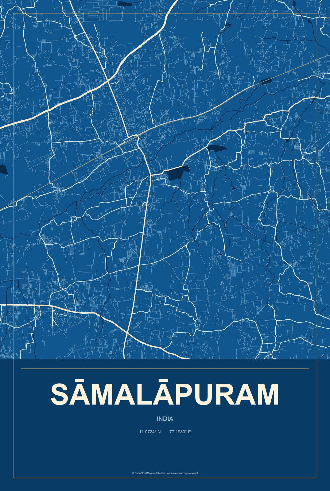 Sāmalāpuram, India City Map Aluminum Sign in Harbor Cobalt style