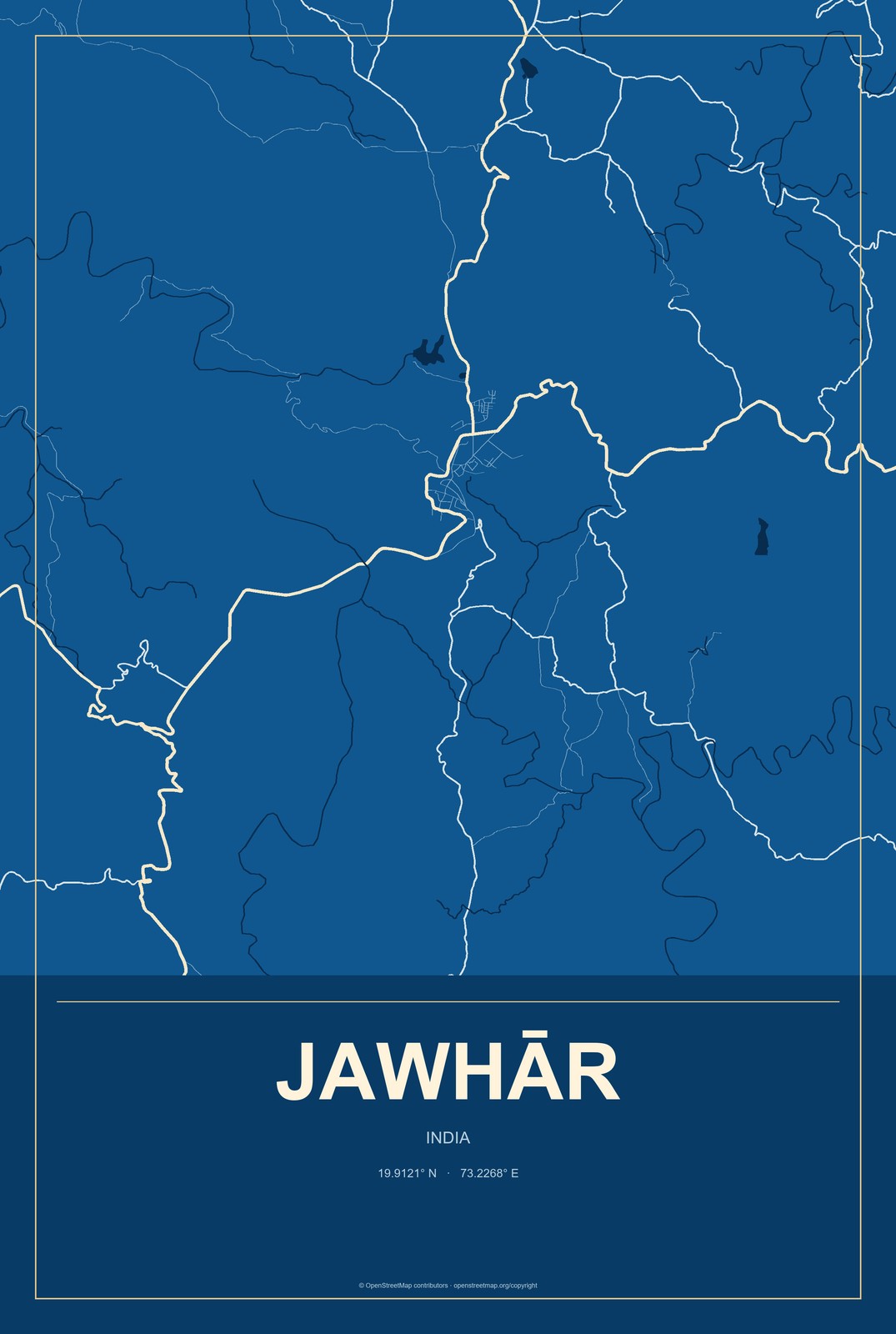 Jawhār, India City Map Aluminum Sign in Harbor Cobalt style