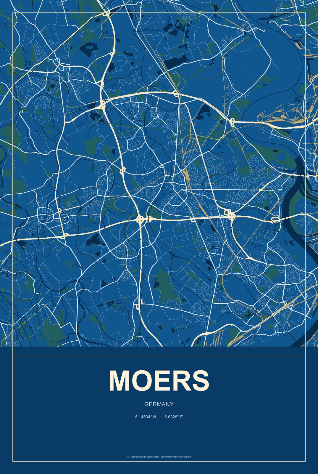 Moers, Germany City Map Aluminum Sign in Harbor Cobalt style
