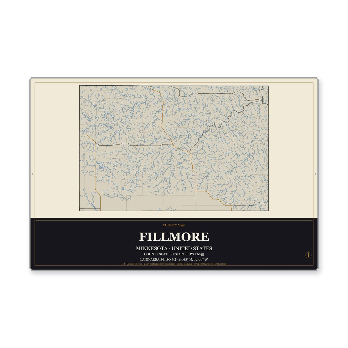 Fillmore County, Minnesota Map Aluminum Sign in Museum Plaque style