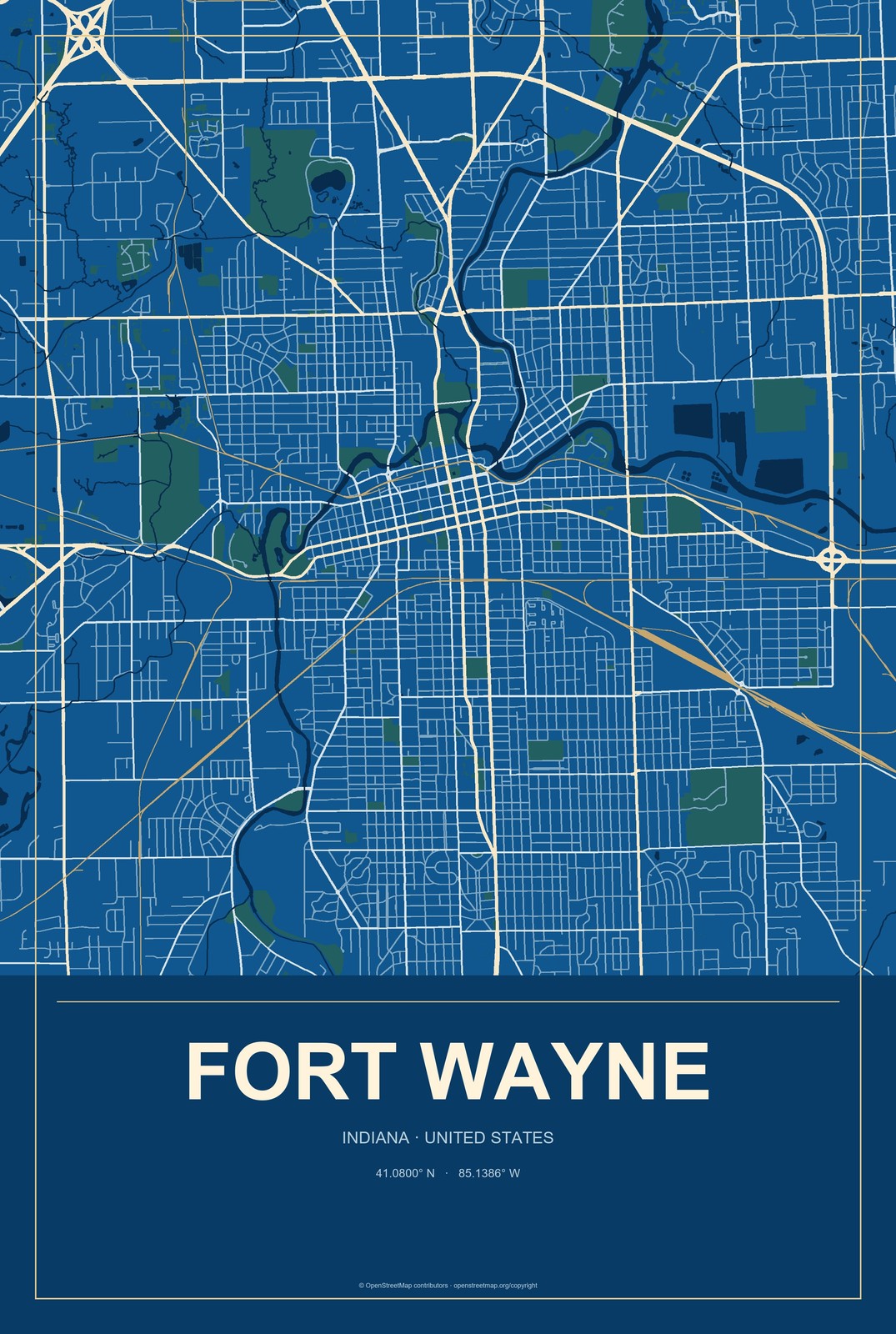 Fort Wayne, Indiana City Map Aluminum Sign in Harbor Cobalt style