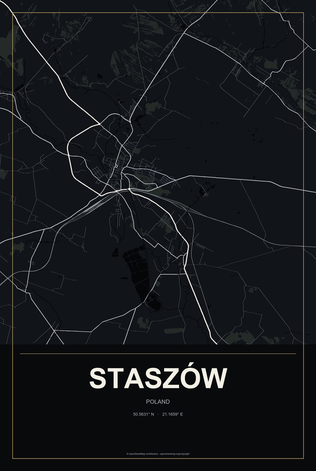 Staszów, Poland City Map Aluminum Sign in Metropolitan Noir style