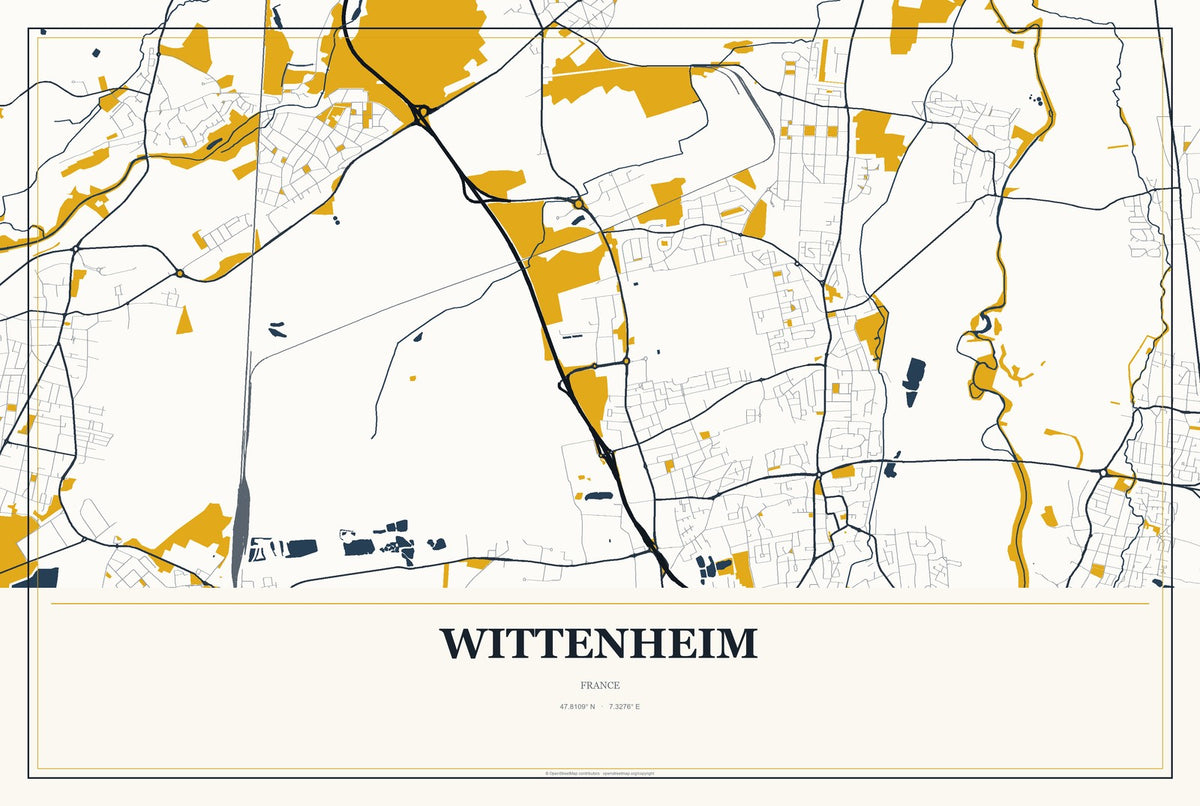 Wittenheim, France City Map Aluminum Sign in Citrine Modern style