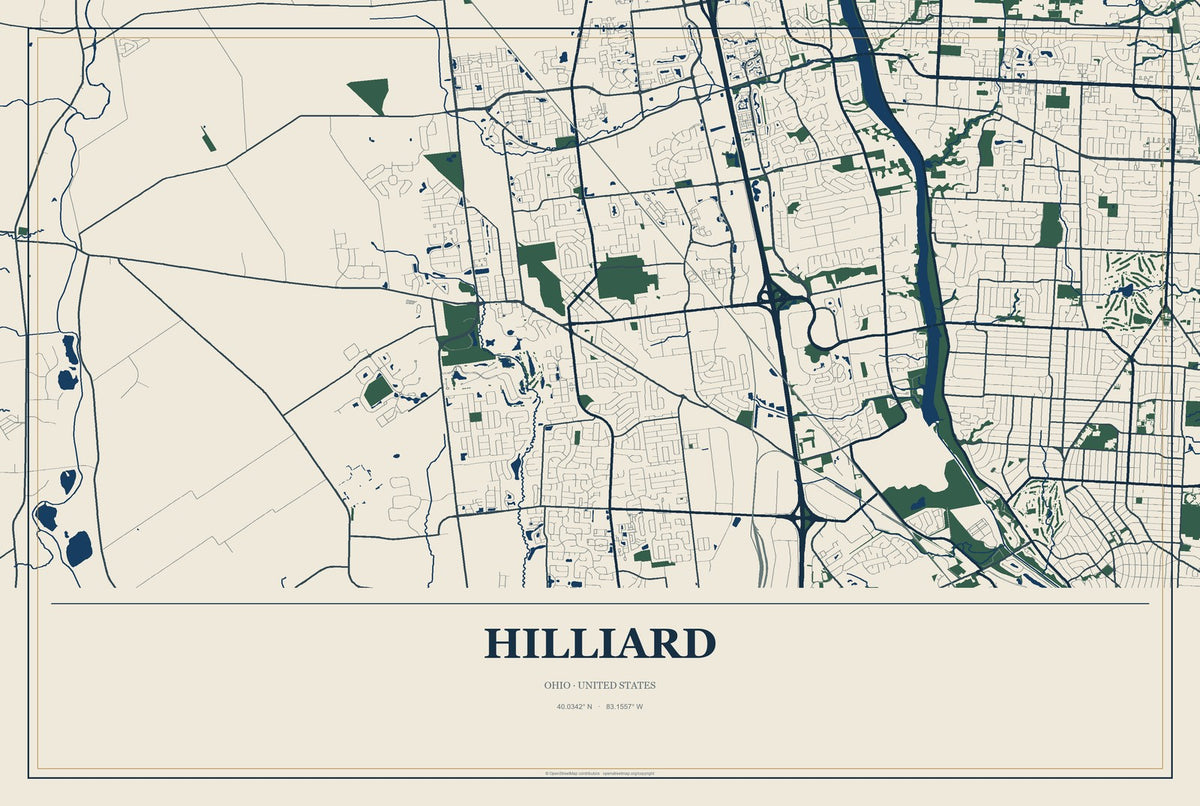 Hilliard, Ohio City Map Aluminum Sign in Coastal Cutout style
