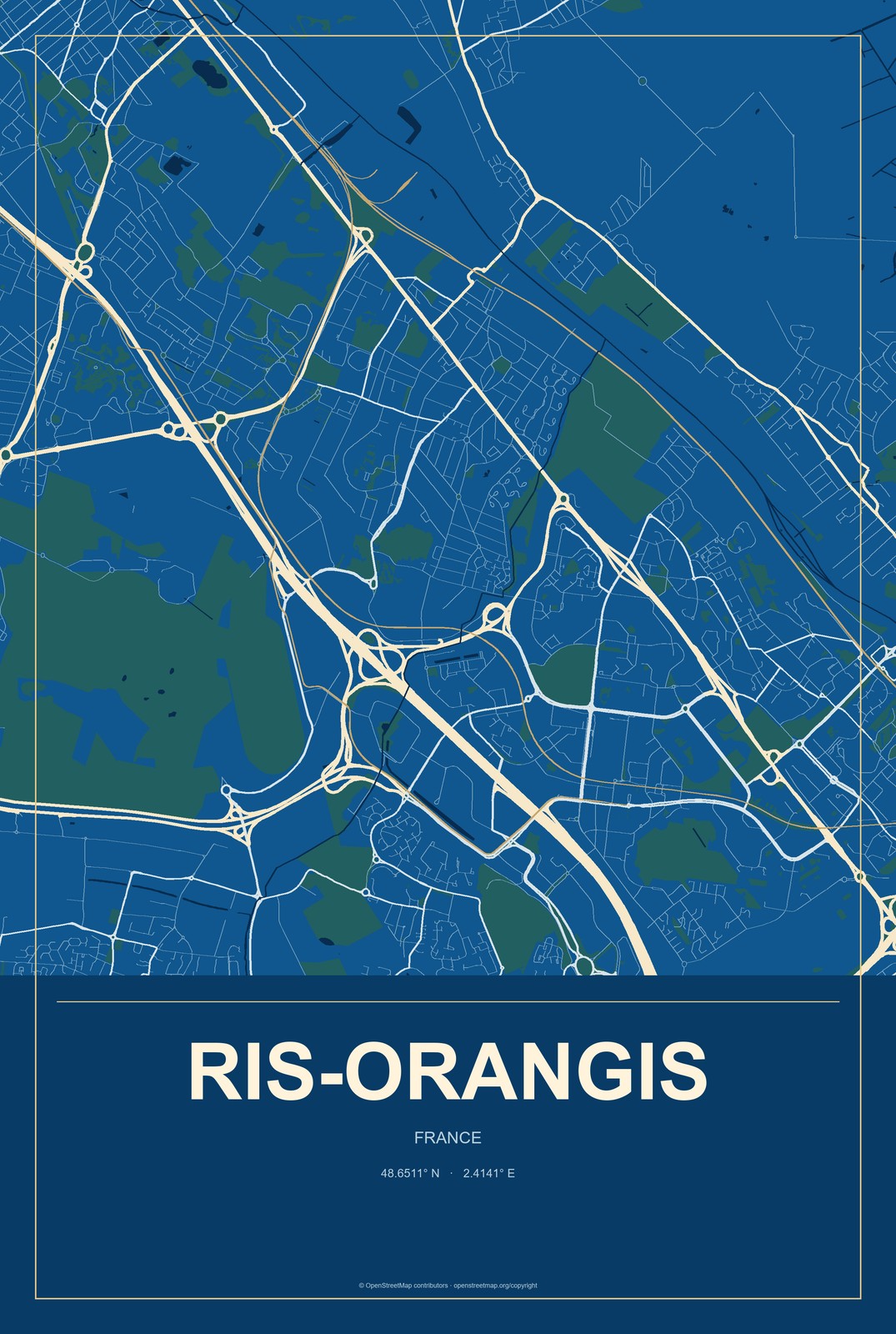 Ris-Orangis, France City Map Aluminum Sign in Harbor Cobalt style