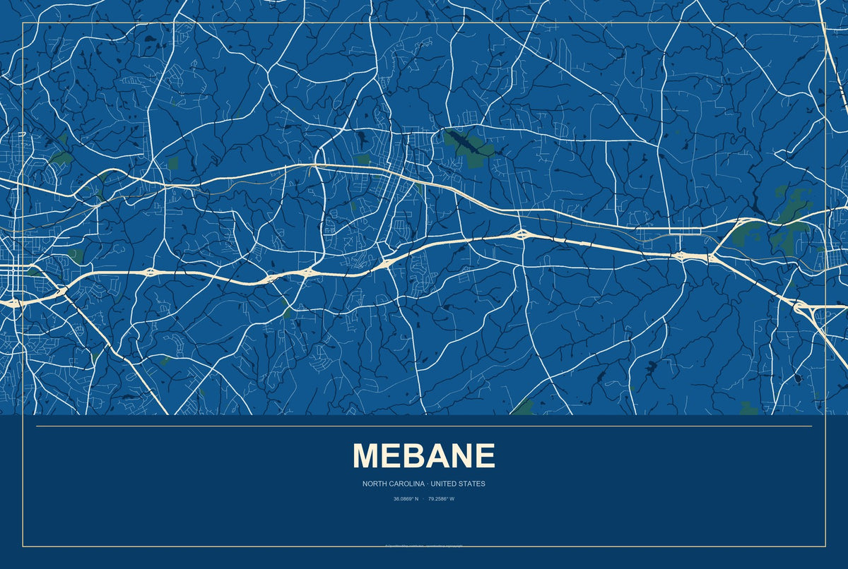 Mebane, North Carolina City Map Aluminum Sign in Harbor Cobalt style