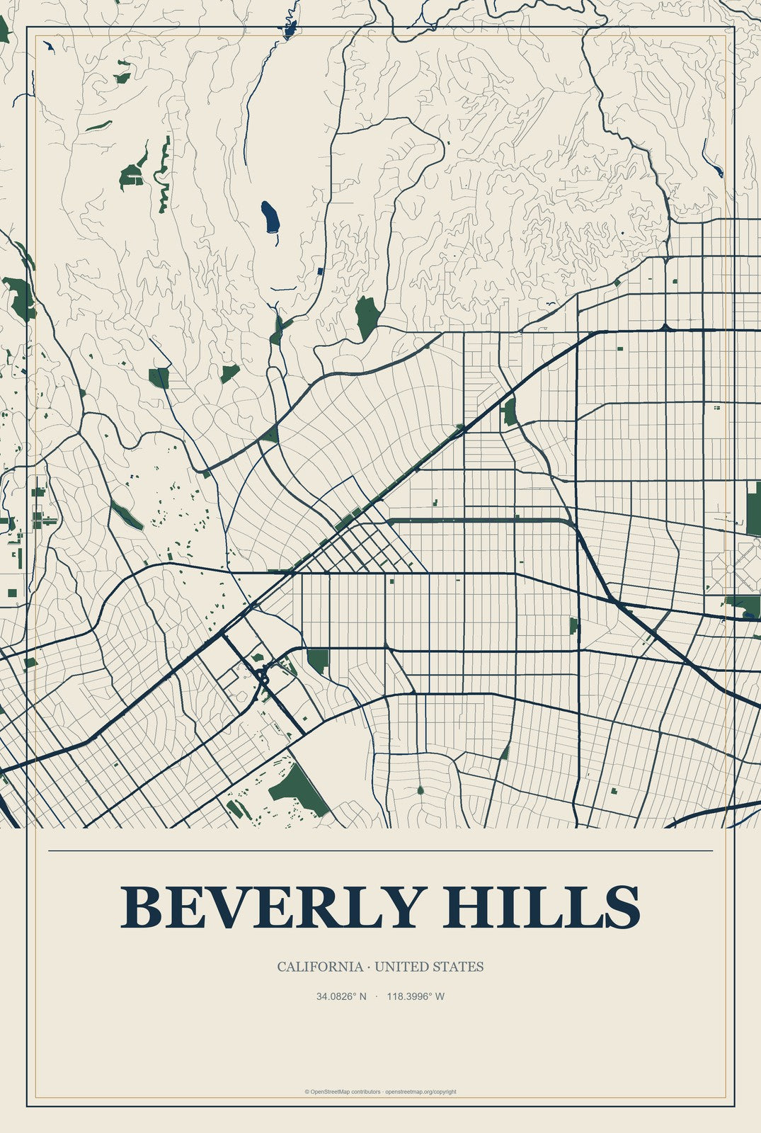 Beverly Hills, California City Map Aluminum Sign in Coastal Cutout style