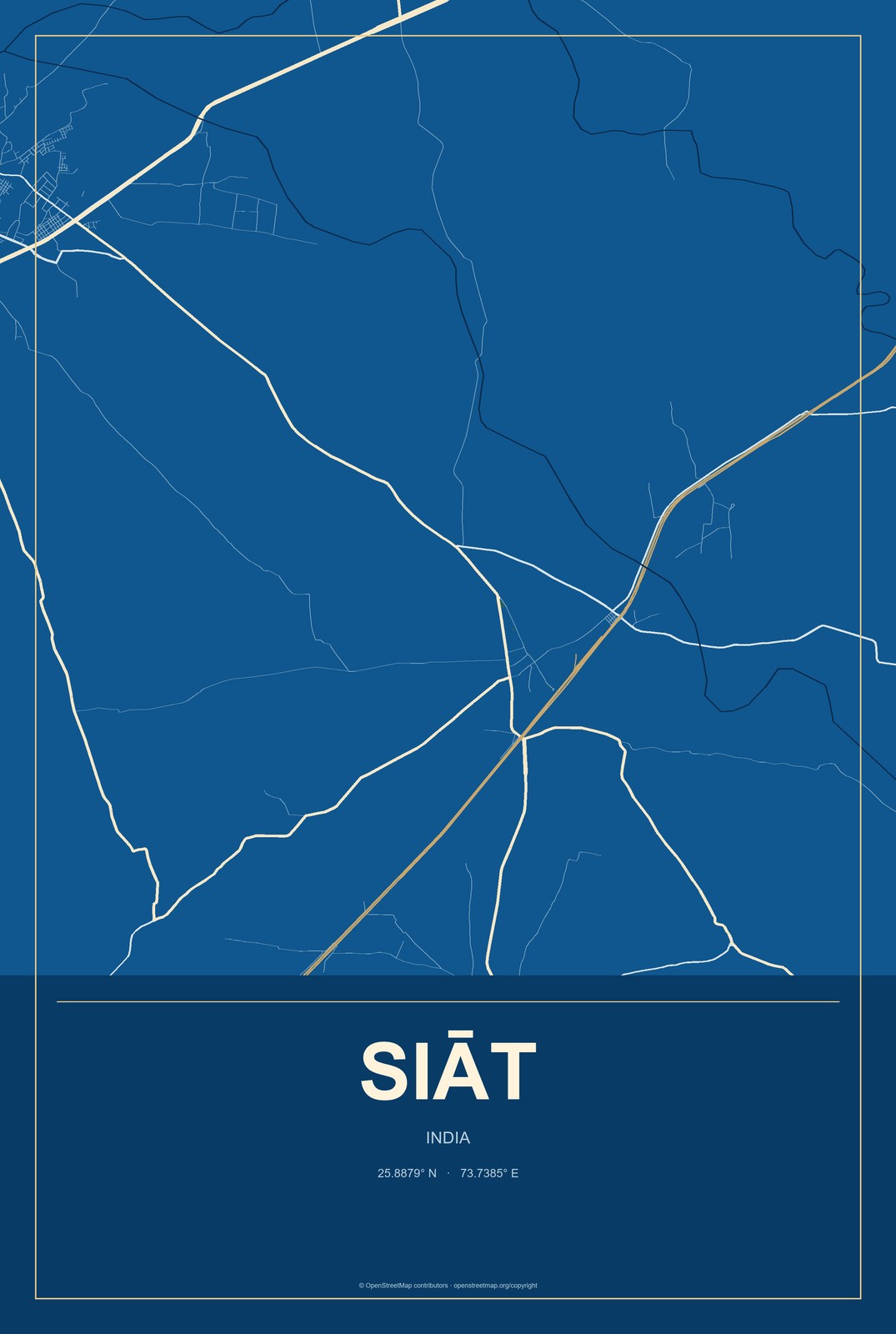 Siāt, India City Map Aluminum Sign in Harbor Cobalt style