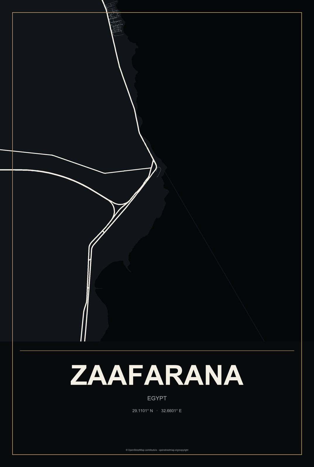 Zaafarana, Egypt City Map Aluminum Sign in Metropolitan Noir style
