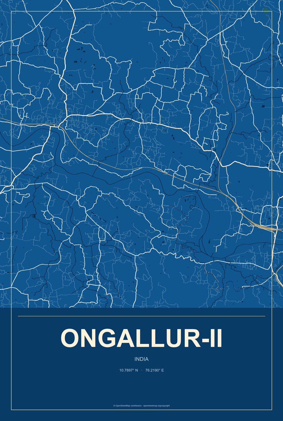 Ongallur-II, India City Map Aluminum Sign in Harbor Cobalt style