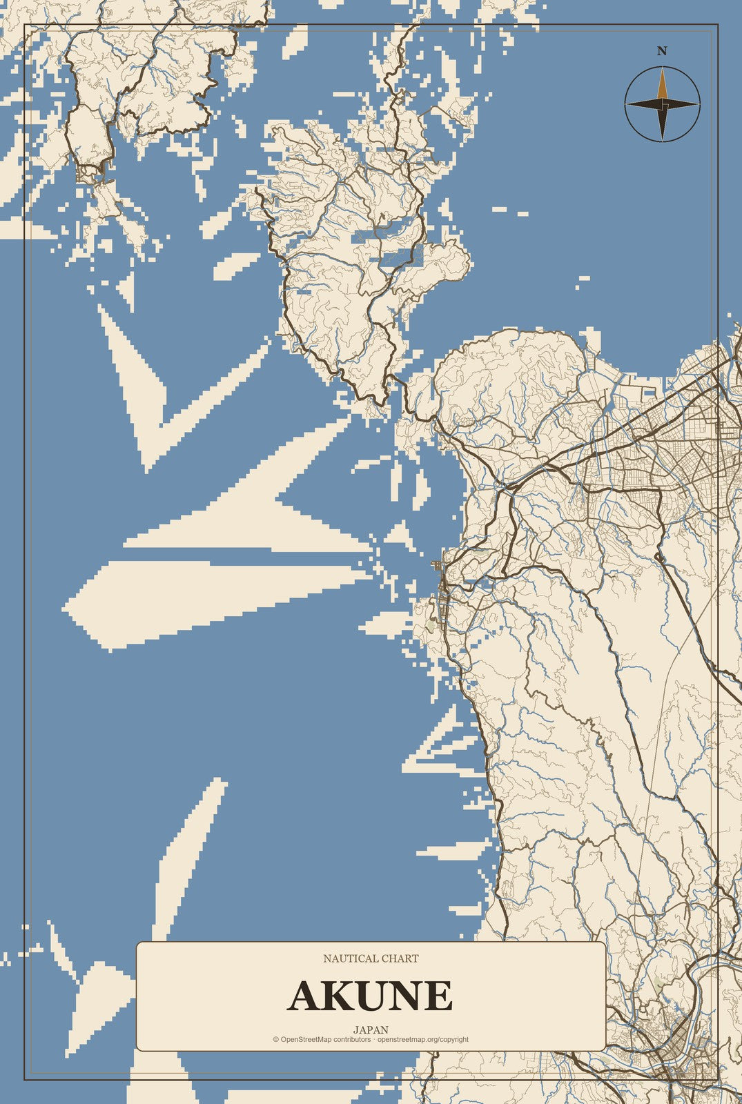 Akune, Japan City Map Aluminum Sign in Heritage Nautical style