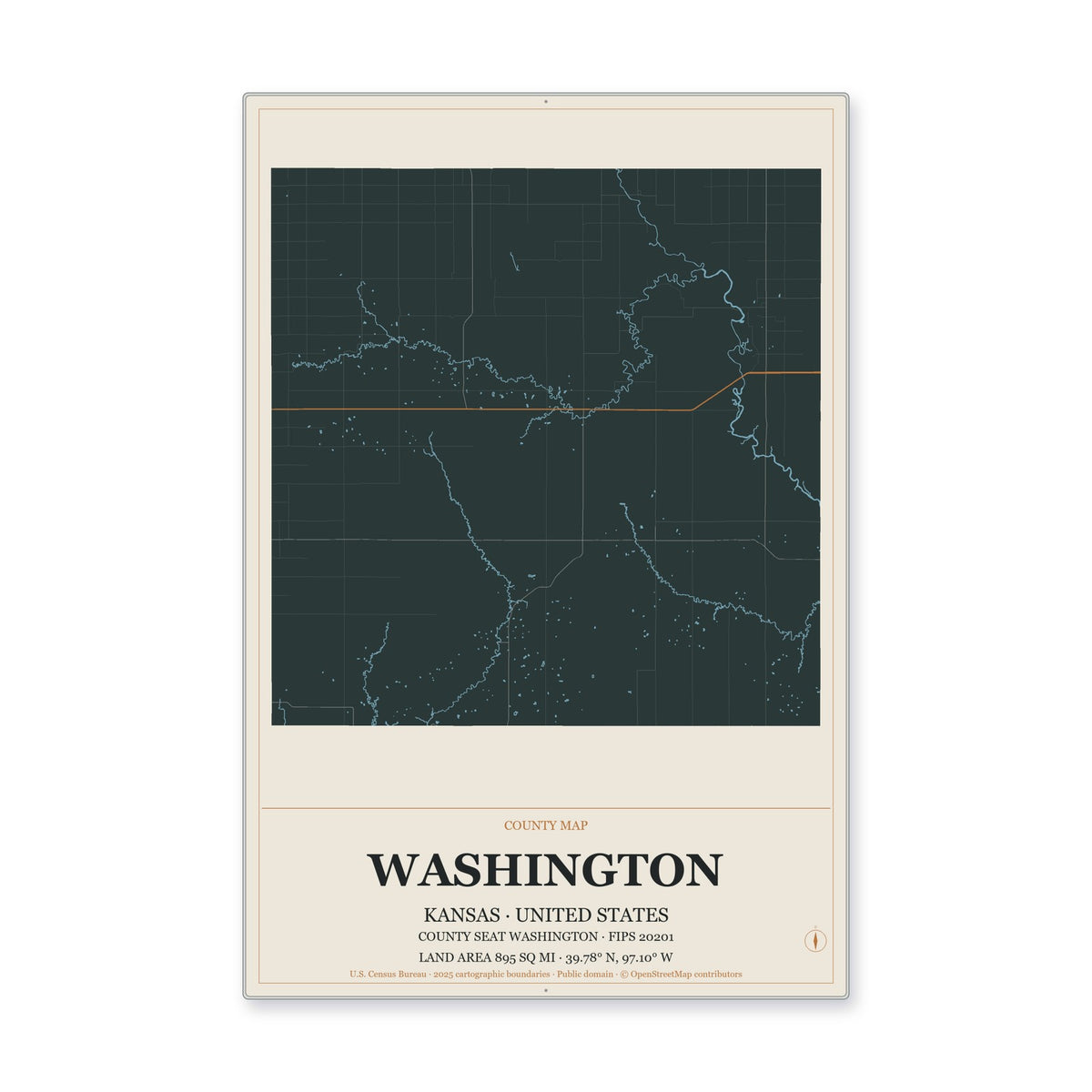 Washington County, Kansas Map Aluminum Sign in Headline Atlas style