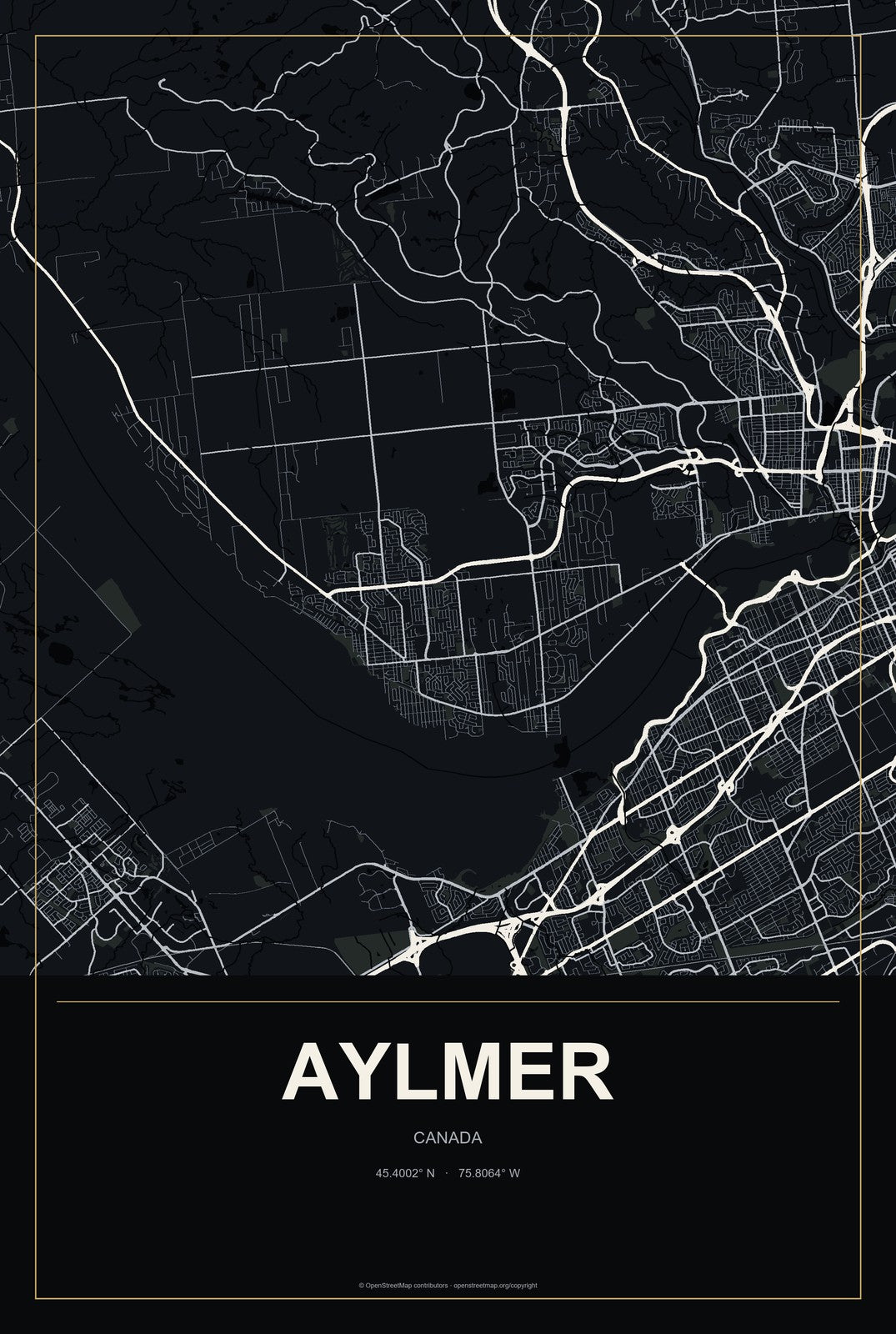 Aylmer, Canada City Map Aluminum Sign in Metropolitan Noir style