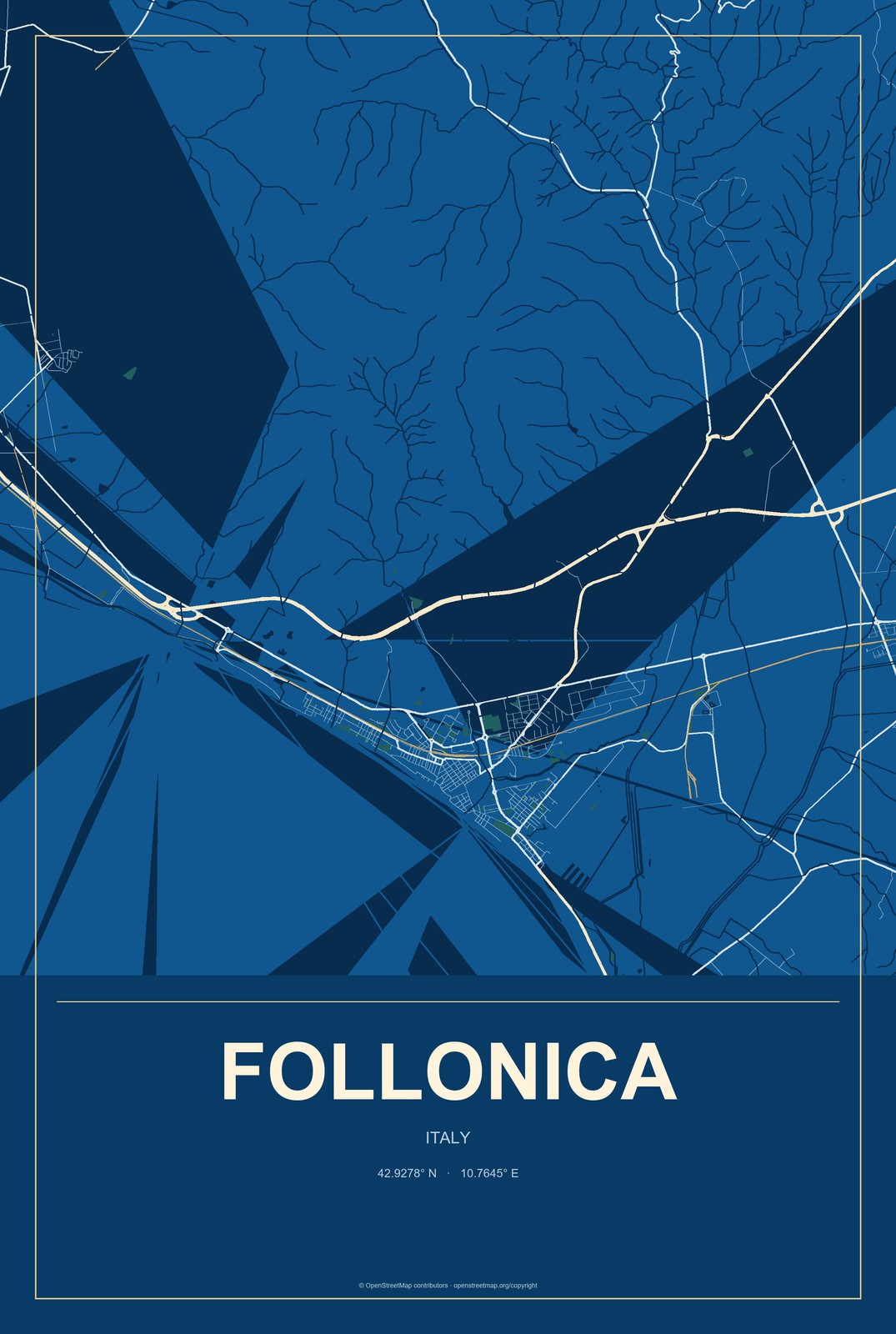 Follonica, Italy City Map Aluminum Sign in Harbor Cobalt style