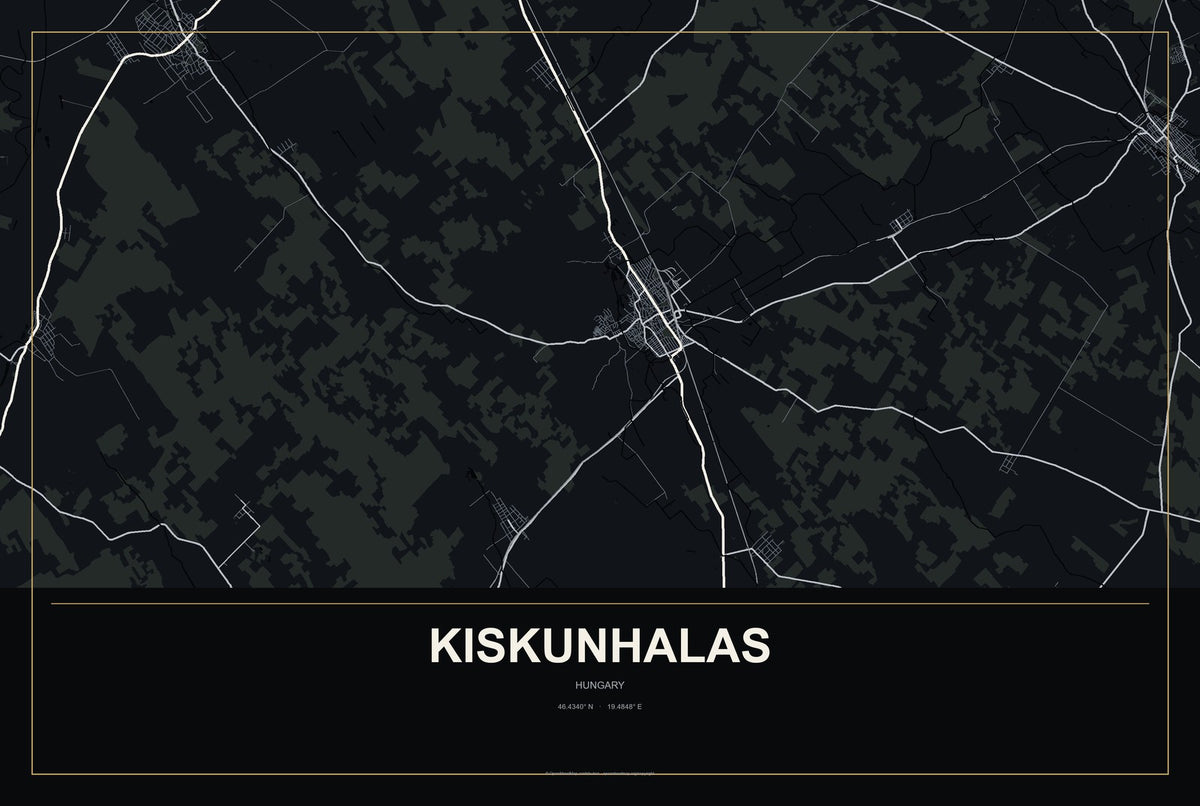 Kiskunhalas, Hungary City Map Aluminum Sign in Metropolitan Noir style