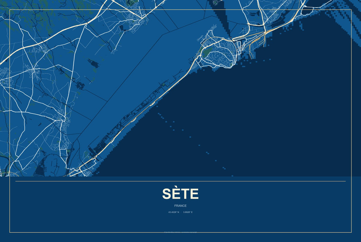 Sète, France City Map Aluminum Sign in Harbor Cobalt style