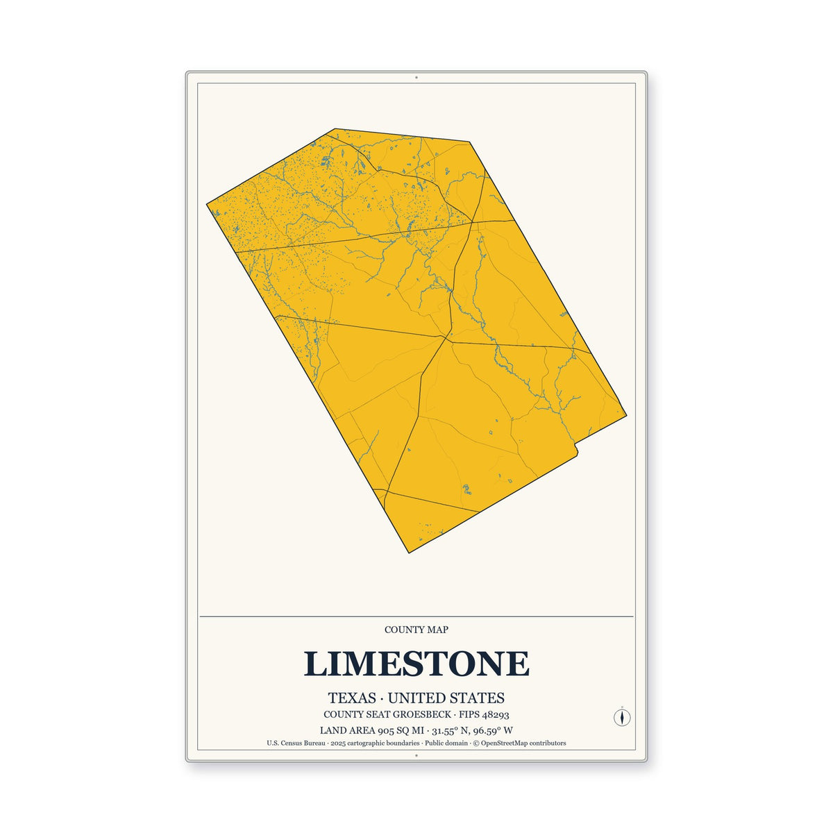 Limestone County, Texas Map Aluminum Sign in Citrine Modern style