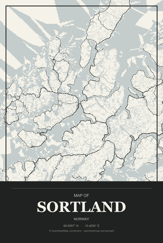 Sortland, Norway City Map Aluminum Sign in Museum Plaque style