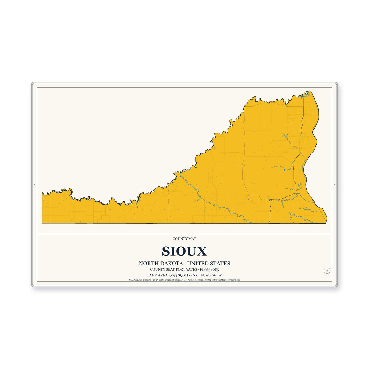 Sioux County, North Dakota Map Aluminum Sign in Citrine Modern style