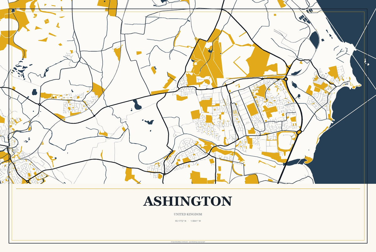 Ashington, United Kingdom City Map Aluminum Sign in Citrine Modern style
