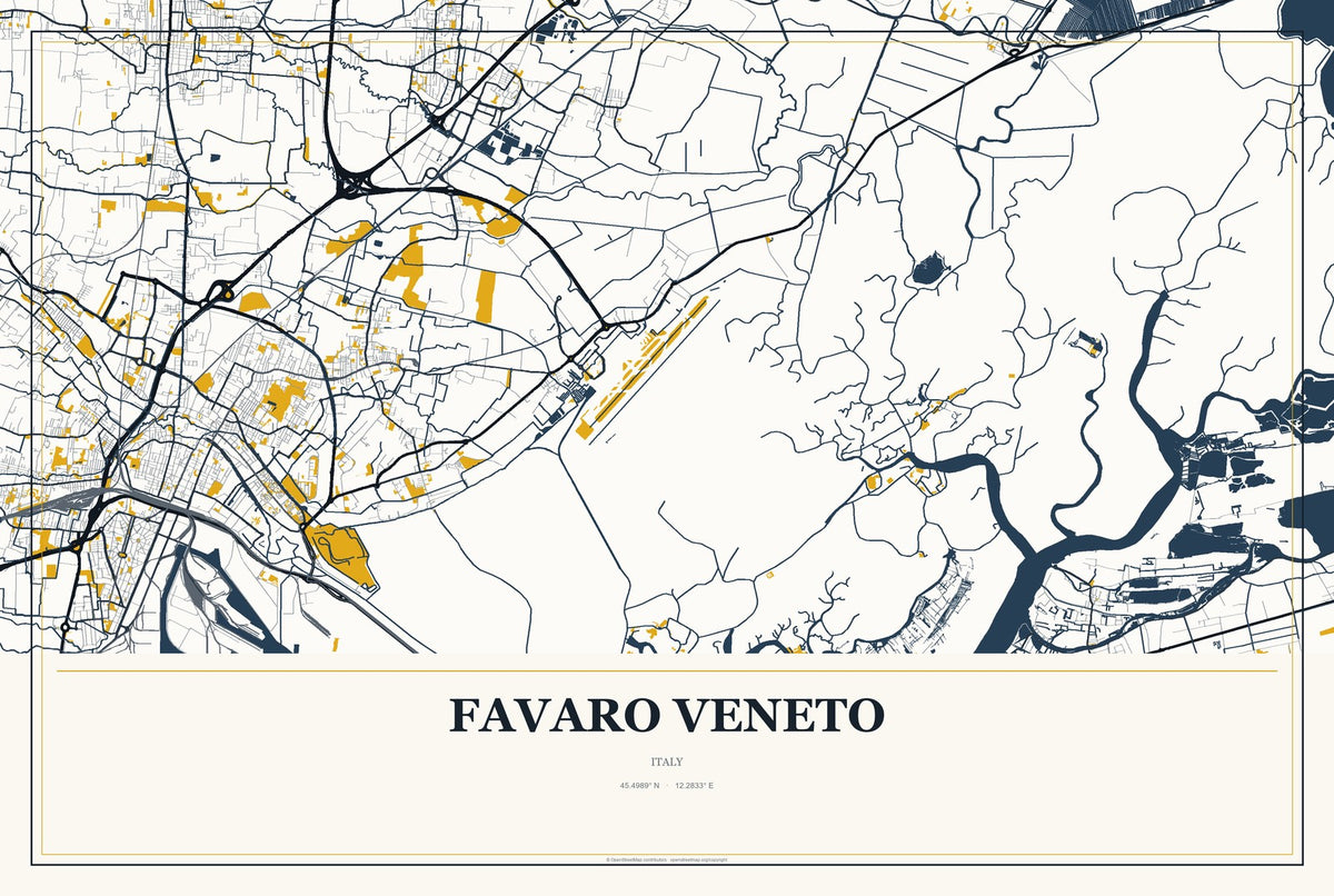 Favaro Veneto, Italy City Map Aluminum Sign in Citrine Modern style