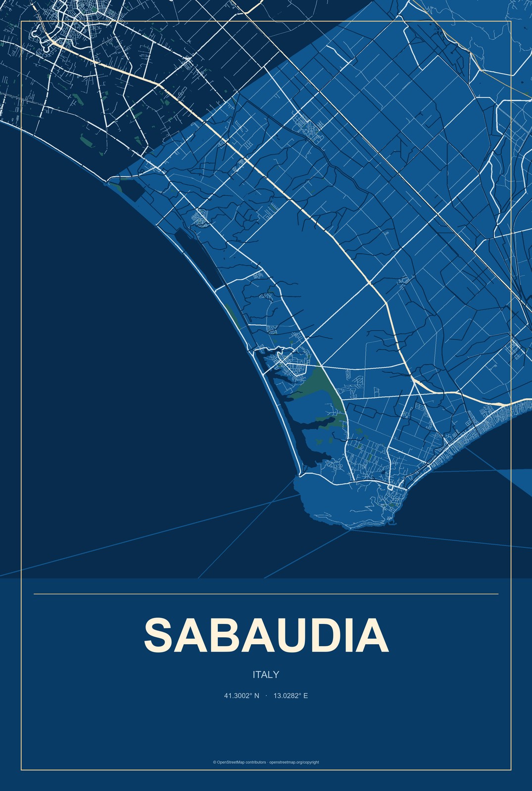 Sabaudia, Italy City Map Aluminum Sign in Harbor Cobalt style