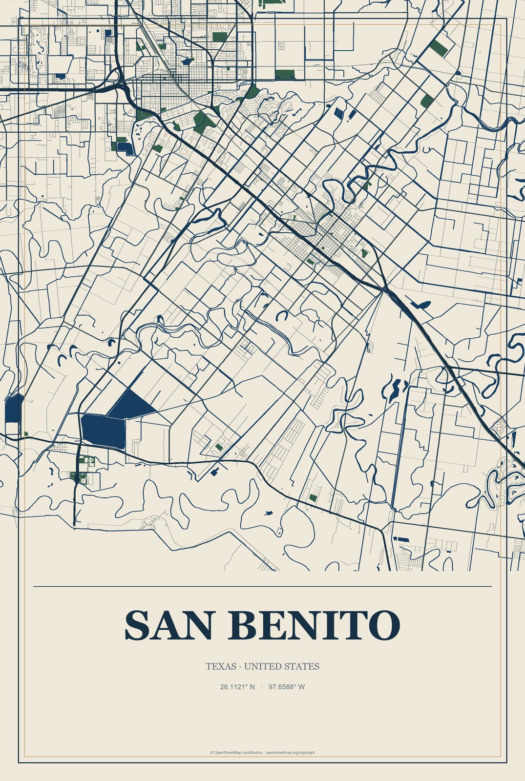 San Benito, Texas City Map Aluminum Sign in Coastal Cutout style