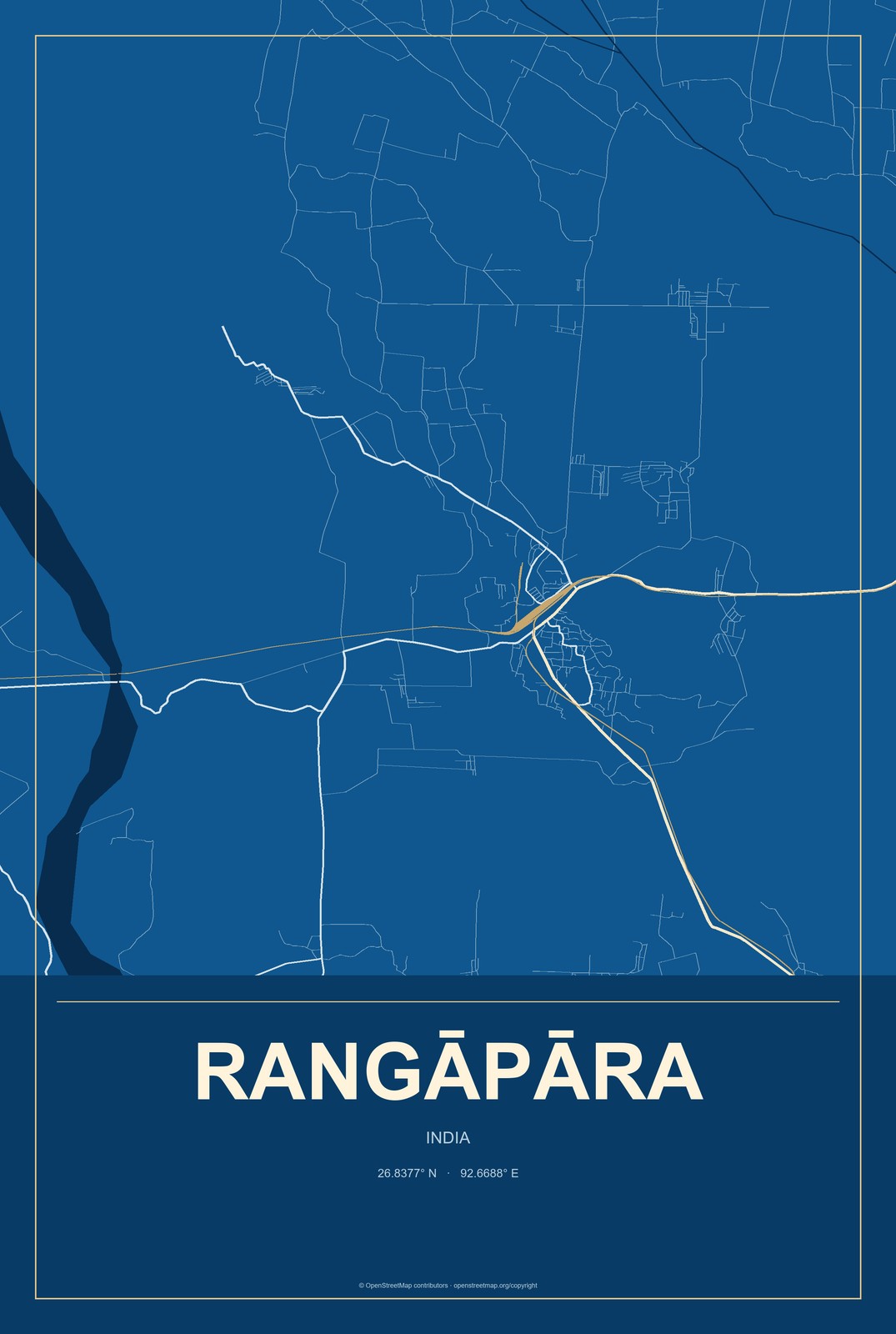 Rangāpāra, India City Map Aluminum Sign in Harbor Cobalt style