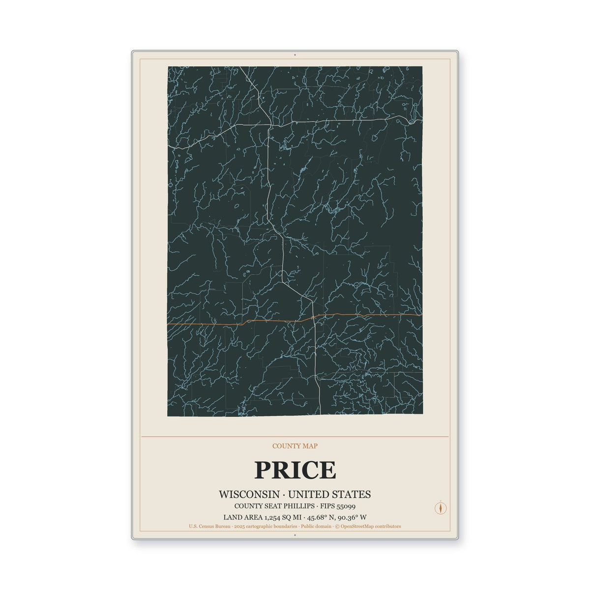 Price County, Wisconsin Map Aluminum Sign in Headline Atlas style
