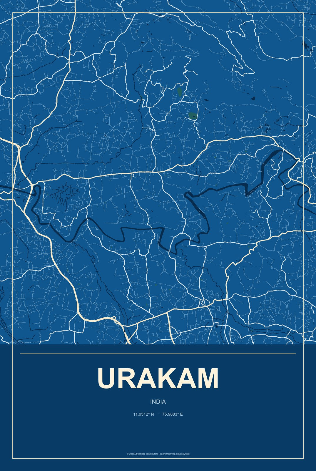 Urakam, India City Map Aluminum Sign in Harbor Cobalt style