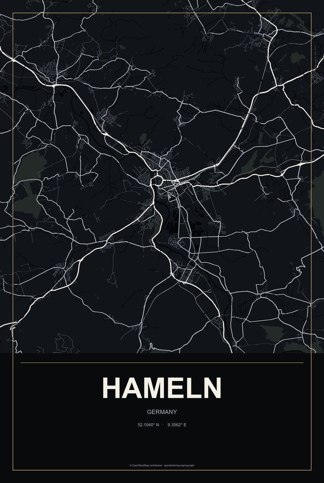 Hameln, Germany City Map Aluminum Sign in Metropolitan Noir style