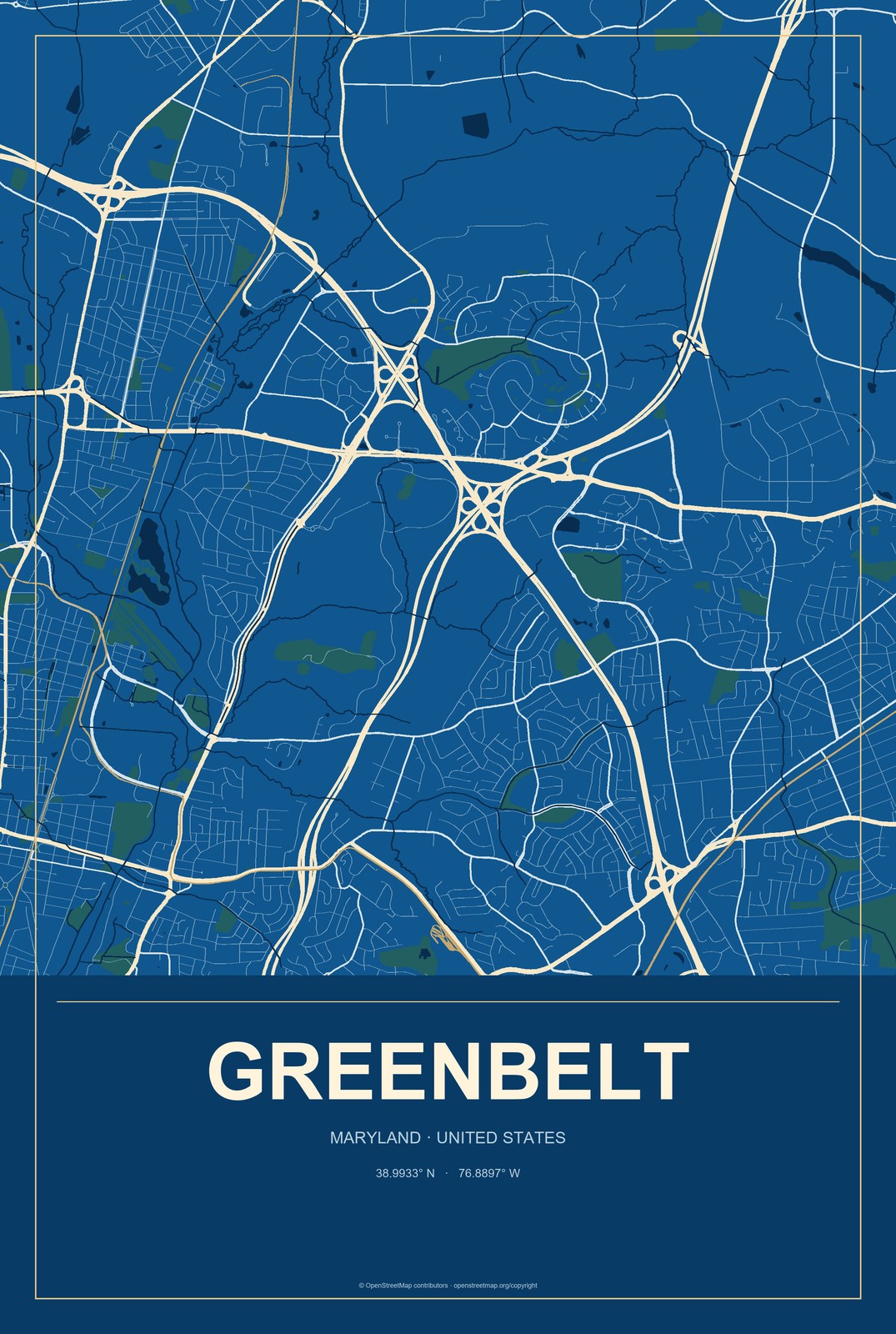 Greenbelt, Maryland City Map Aluminum Sign in Harbor Cobalt style