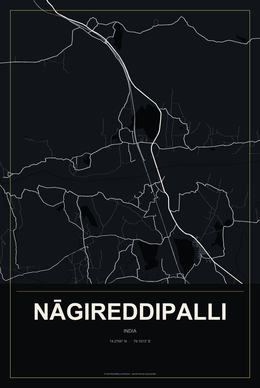 Nāgireddipalli, India City Map Aluminum Sign in Metropolitan Noir style