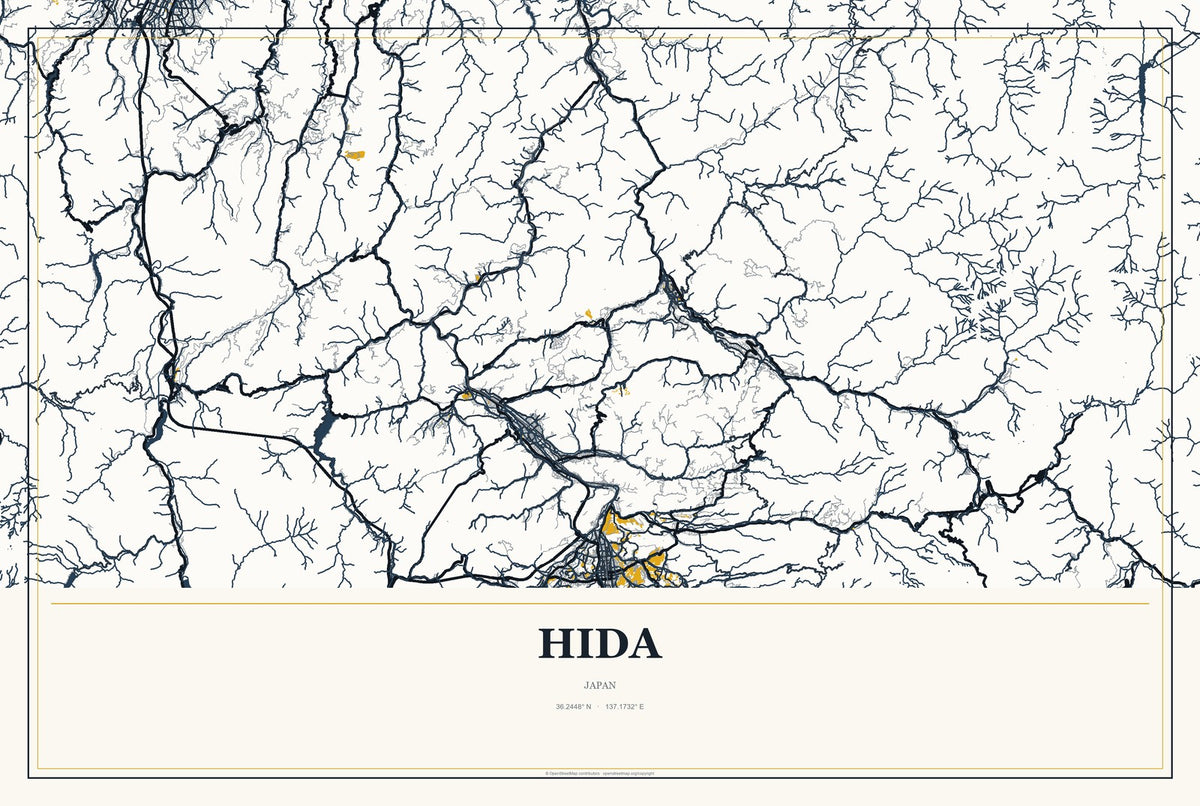Hida, Japan City Map Aluminum Sign in Citrine Modern style