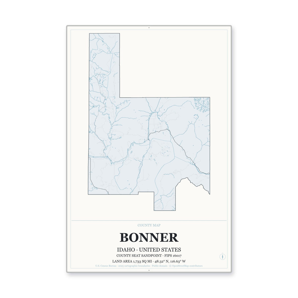 Bonner County, Idaho Map Aluminum Sign in Gallery Air style