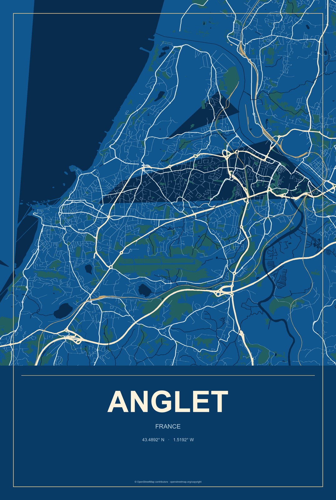 Anglet, France City Map Aluminum Sign in Harbor Cobalt style