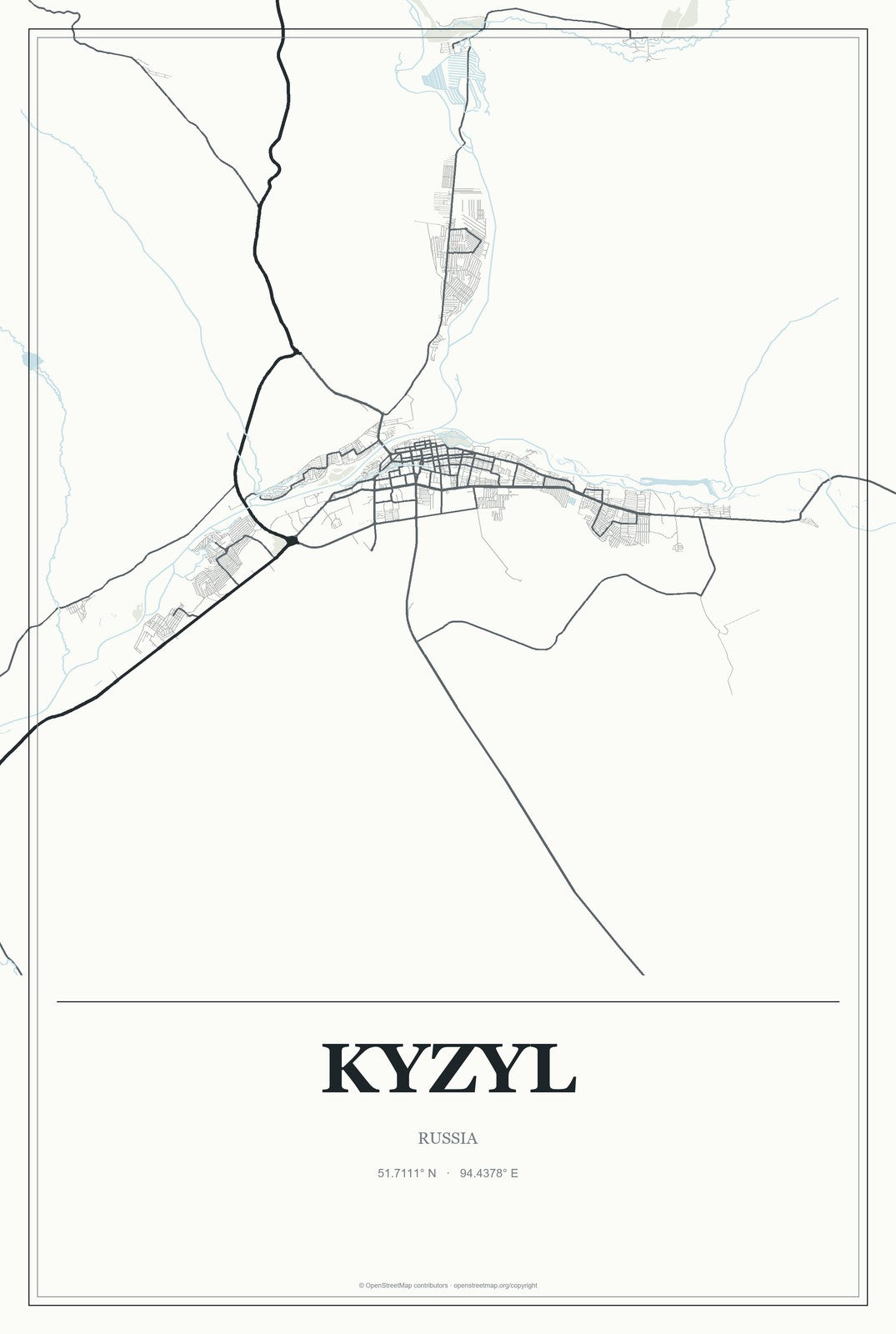 Kyzyl, Russia City Map Aluminum Sign in Gallery Air style