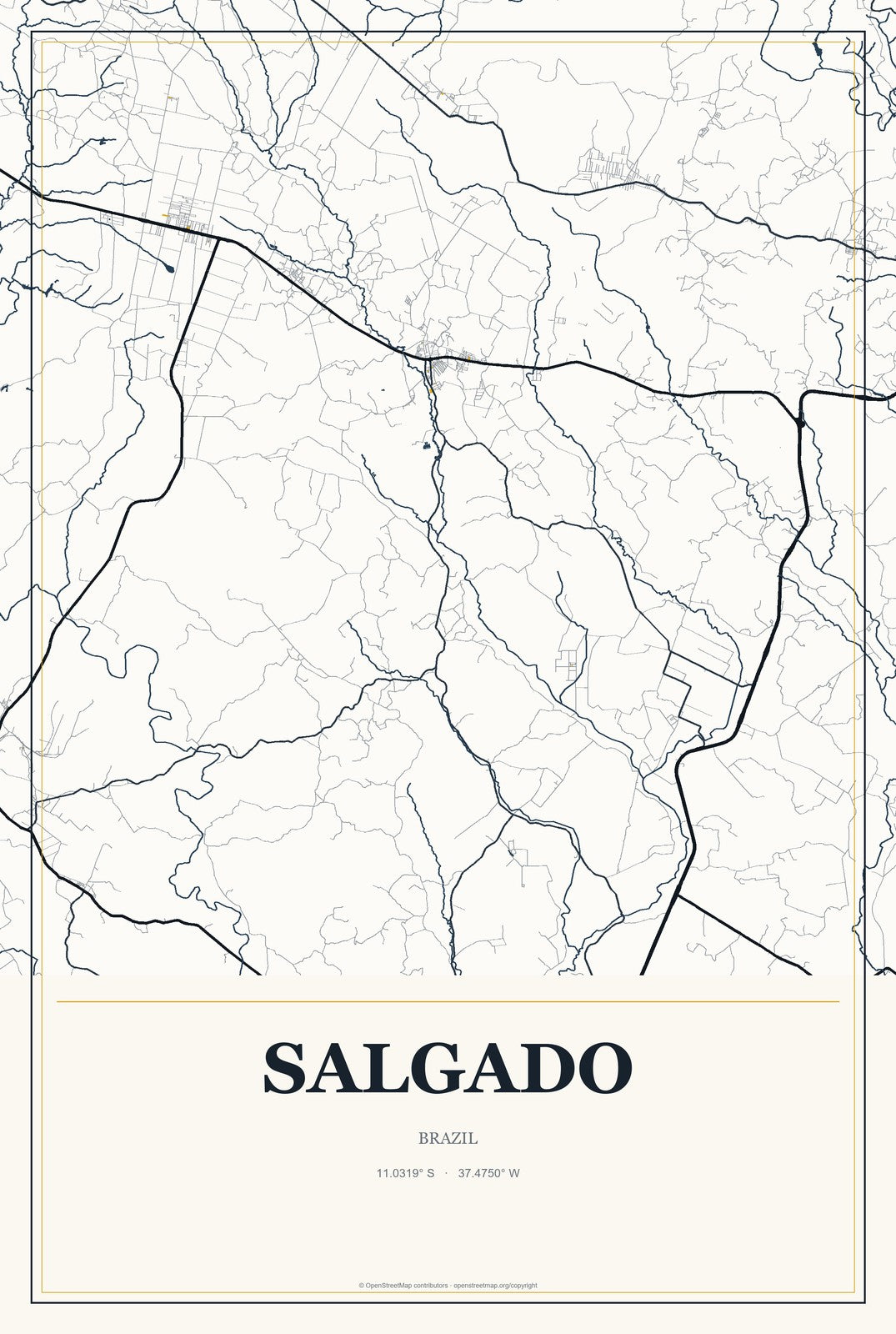 Salgado, Brazil City Map Aluminum Sign in Citrine Modern style