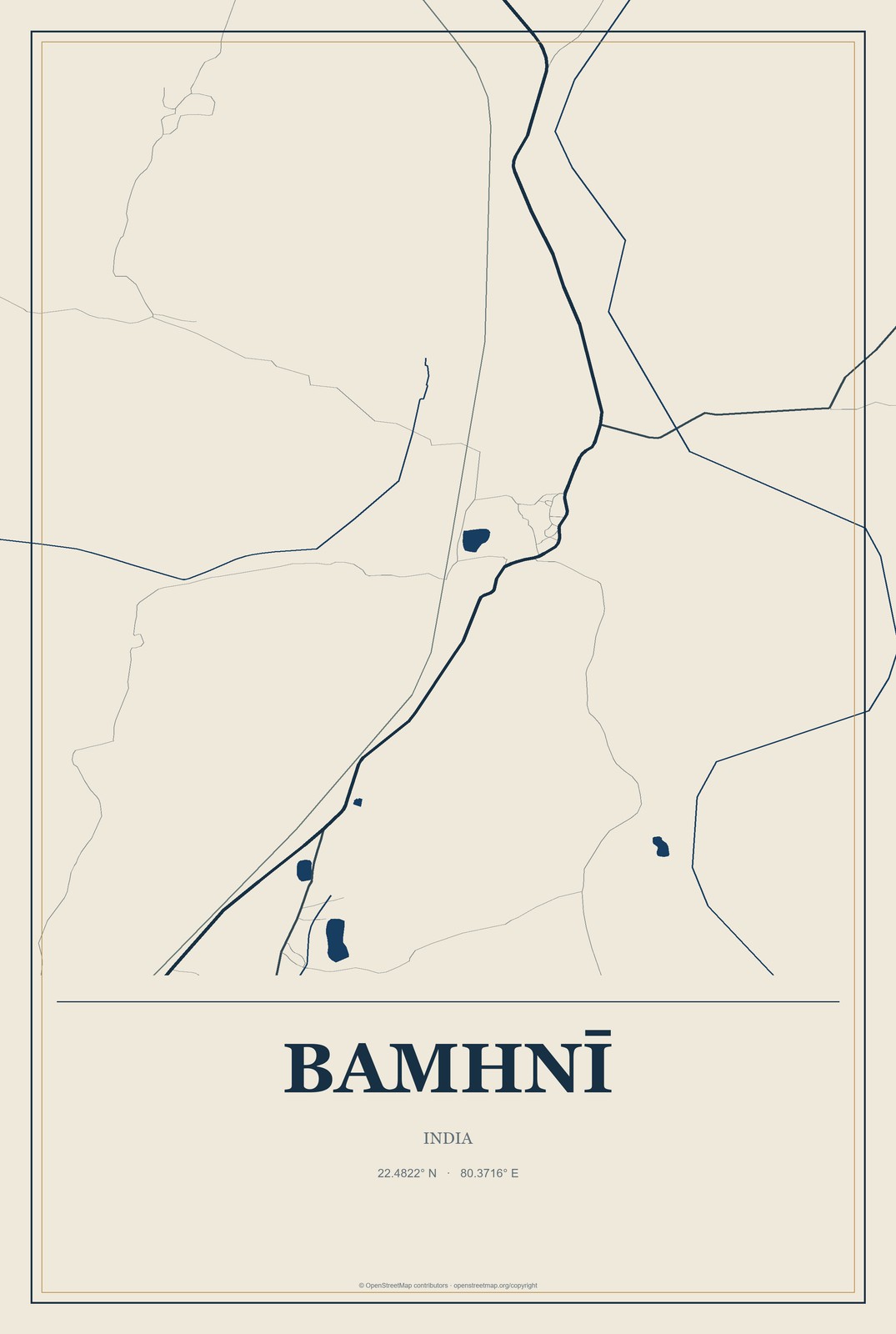Bamhnī, India City Map Aluminum Sign in Coastal Cutout style