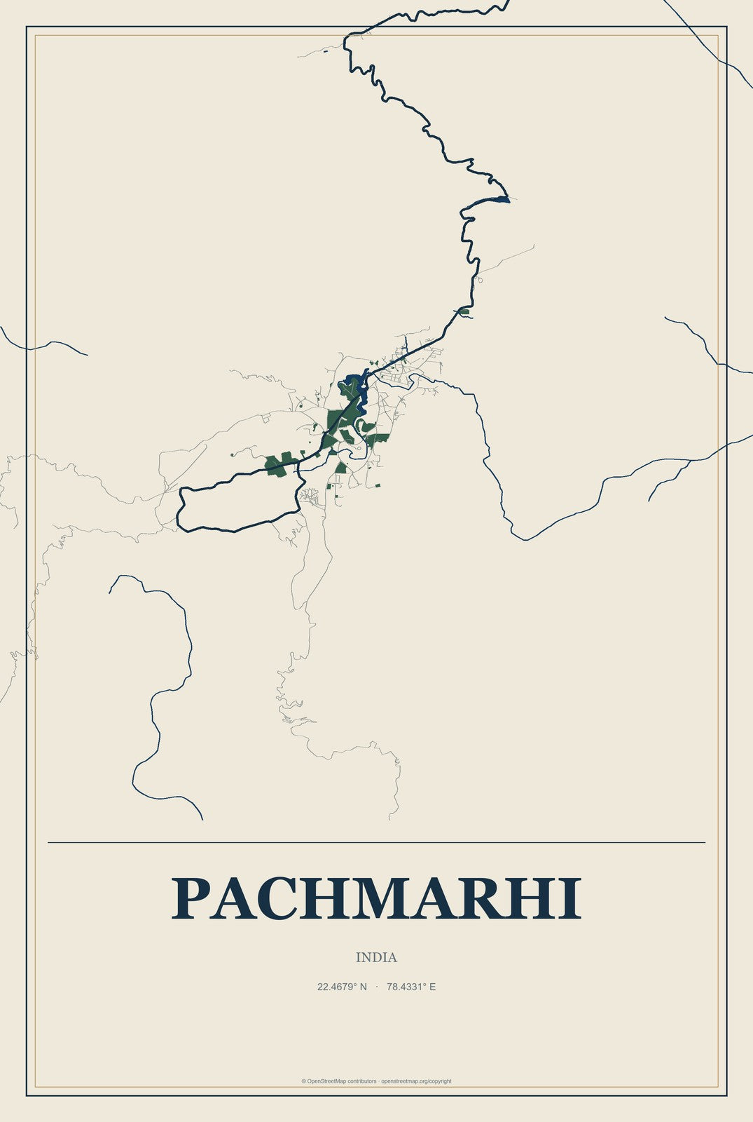 Pachmarhi, India City Map Aluminum Sign in Coastal Cutout style