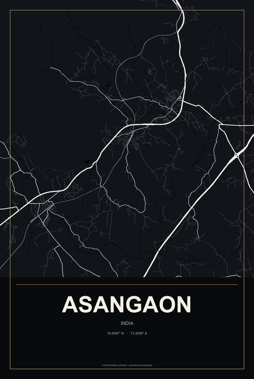 Asangaon, India City Map Aluminum Sign in Metropolitan Noir style