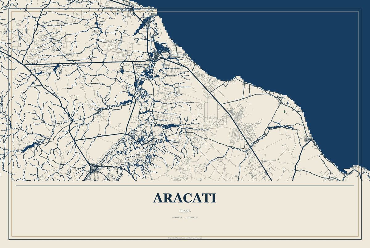 Aracati, Brazil City Map Aluminum Sign in Coastal Cutout style