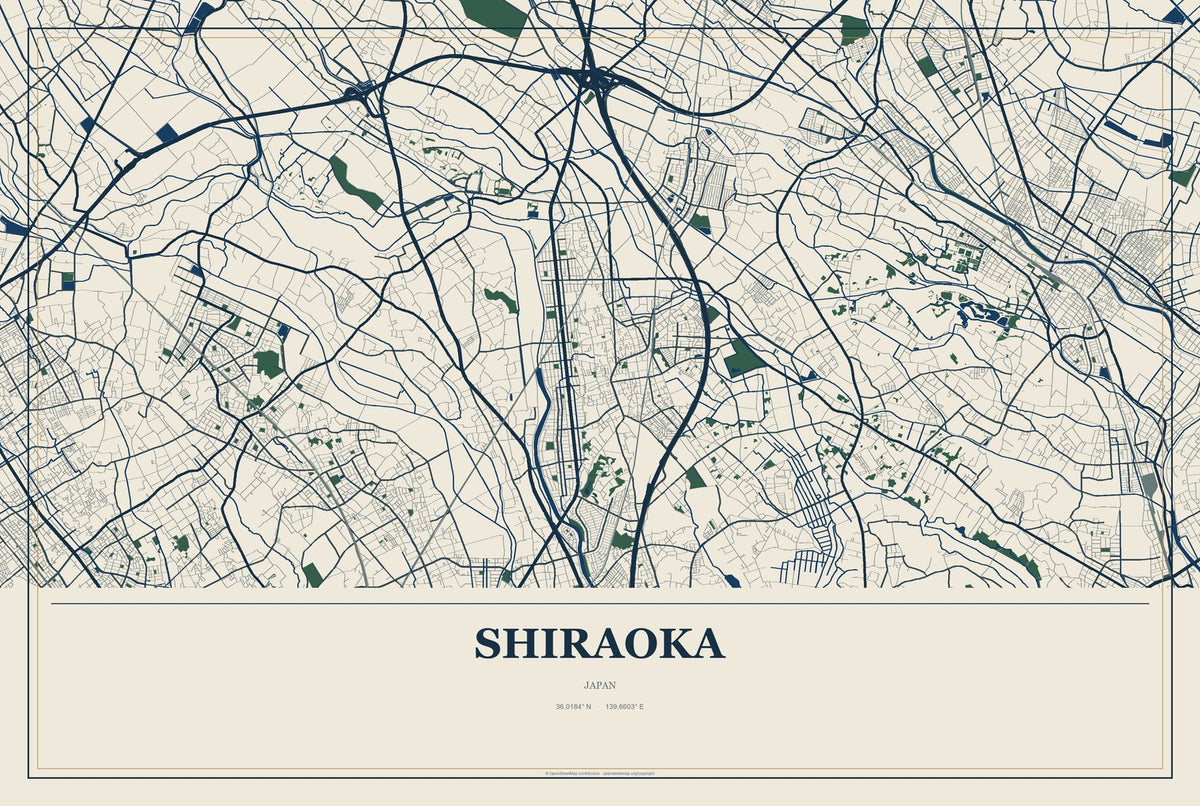 Shiraoka, Japan City Map Aluminum Sign in Coastal Cutout style