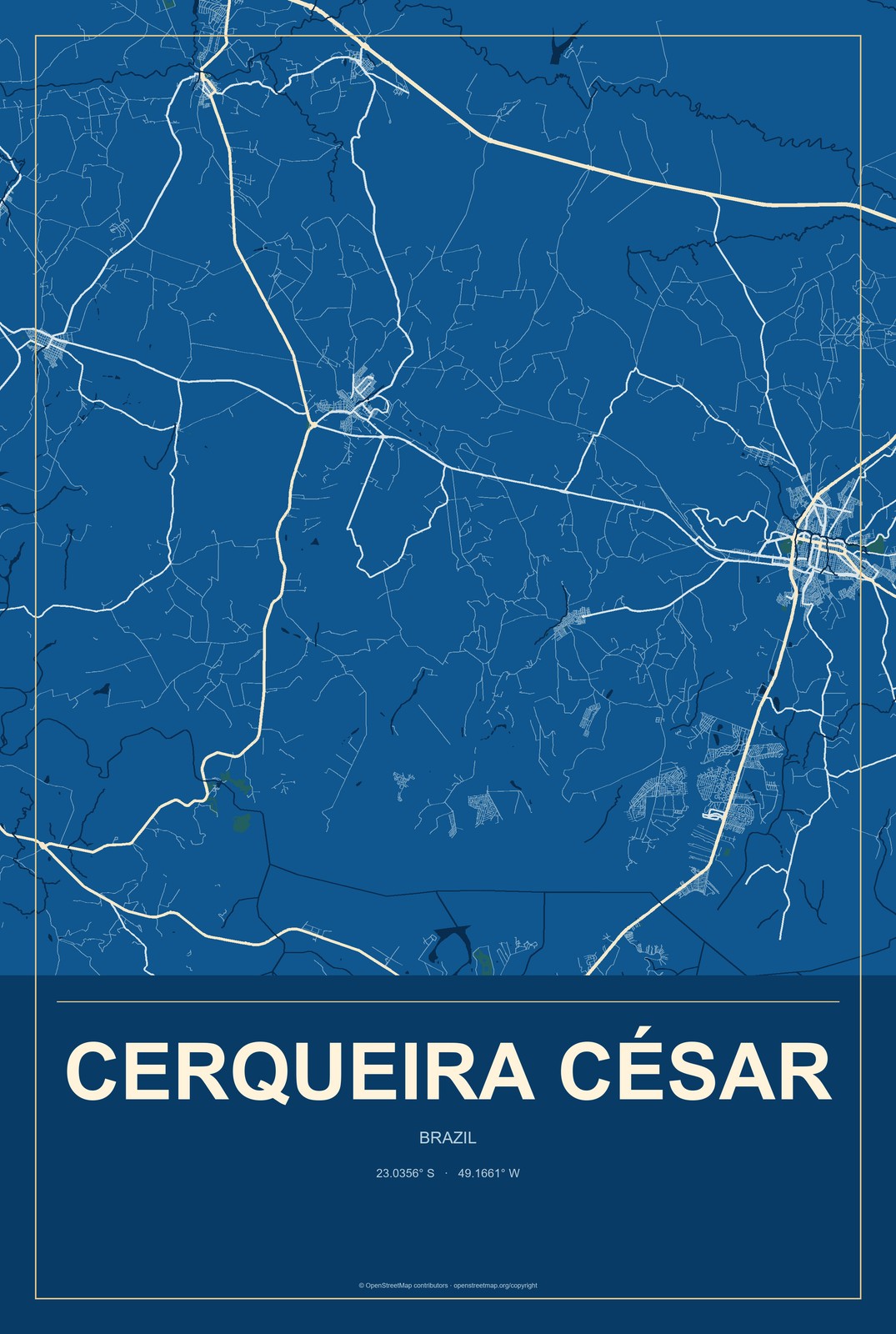 Cerqueira César, Brazil City Map Aluminum Sign in Harbor Cobalt style