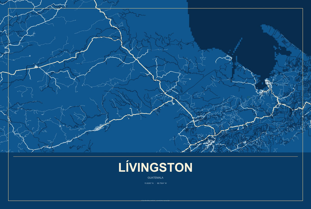 Lívingston, Guatemala City Map Aluminum Sign in Harbor Cobalt style