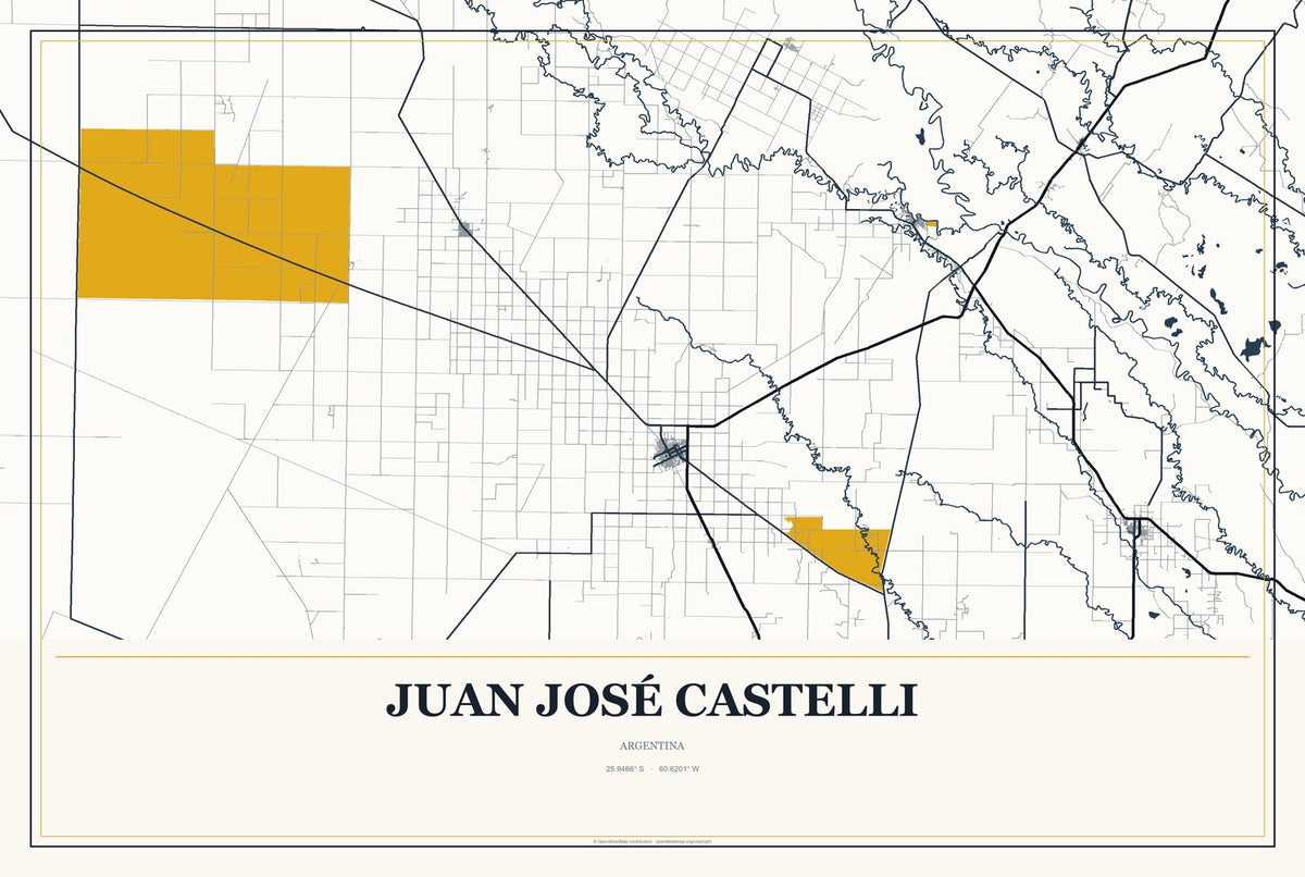 Juan José Castelli, Argentina City Map Aluminum Sign in Citrine Modern style