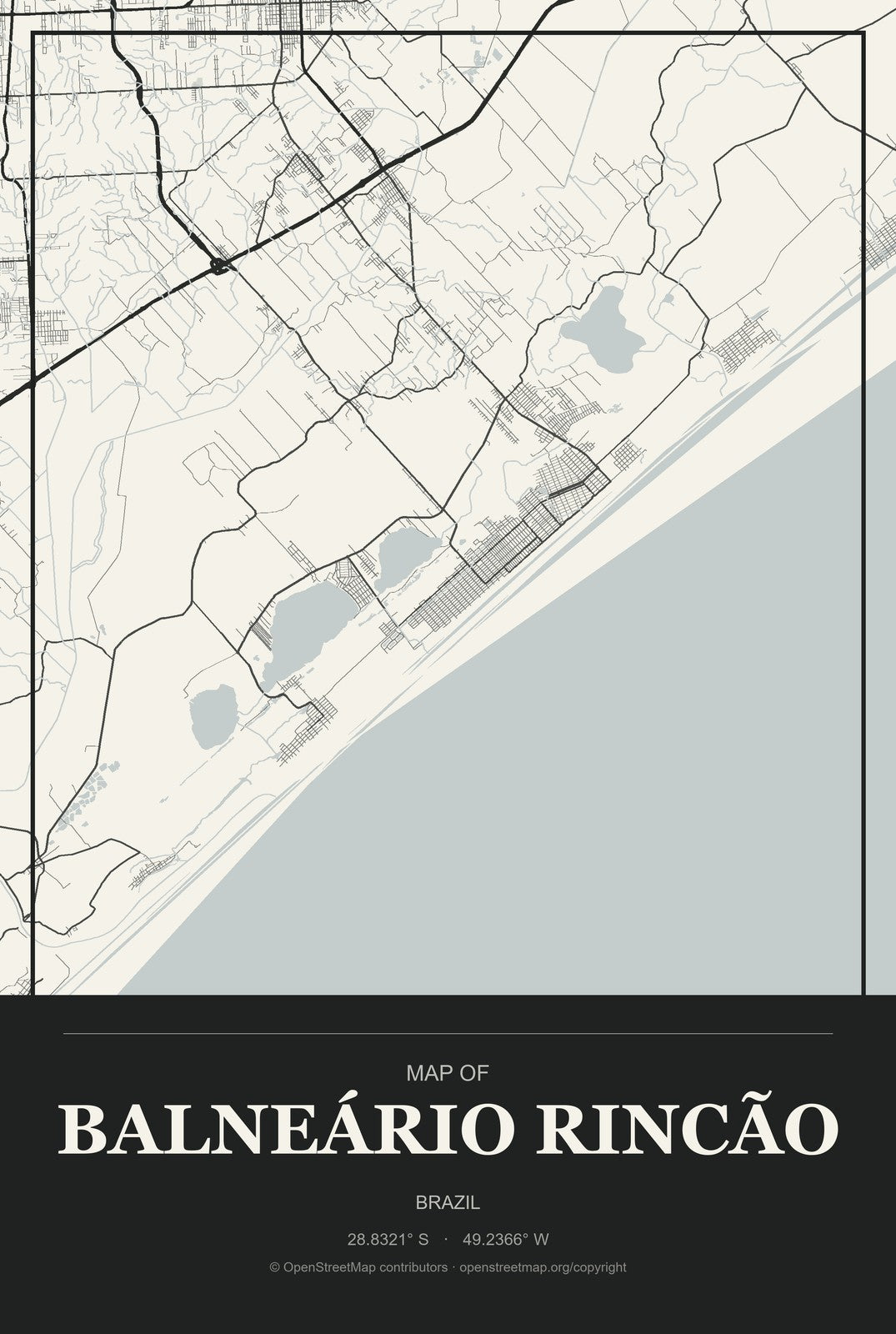 Balneário Rincão, Brazil City Map Aluminum Sign in Museum Plaque style